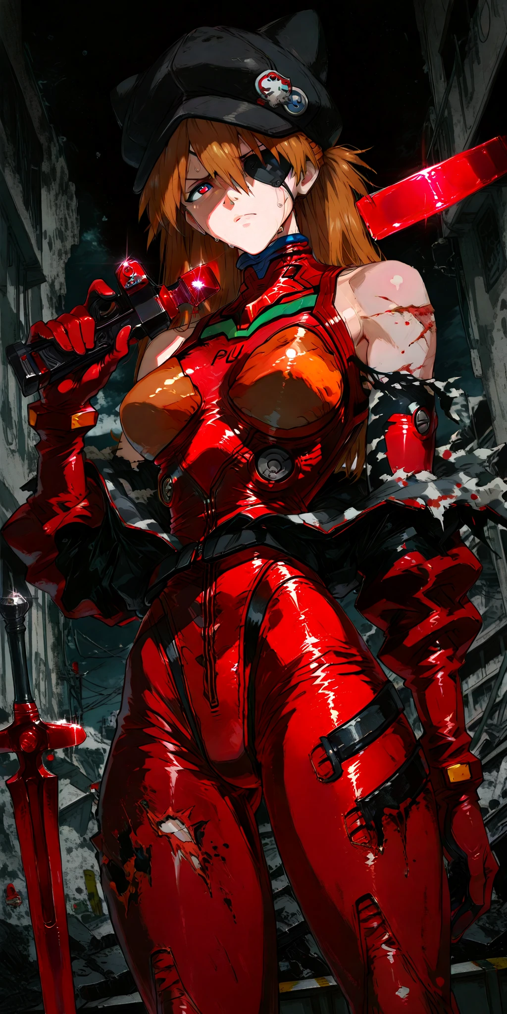 Rayne, BloodRayne, short red hair, sexy vampire girl, black stockings, nude tits, blood, thick and fat body, latex clothes, blood, Dorohedoro Style