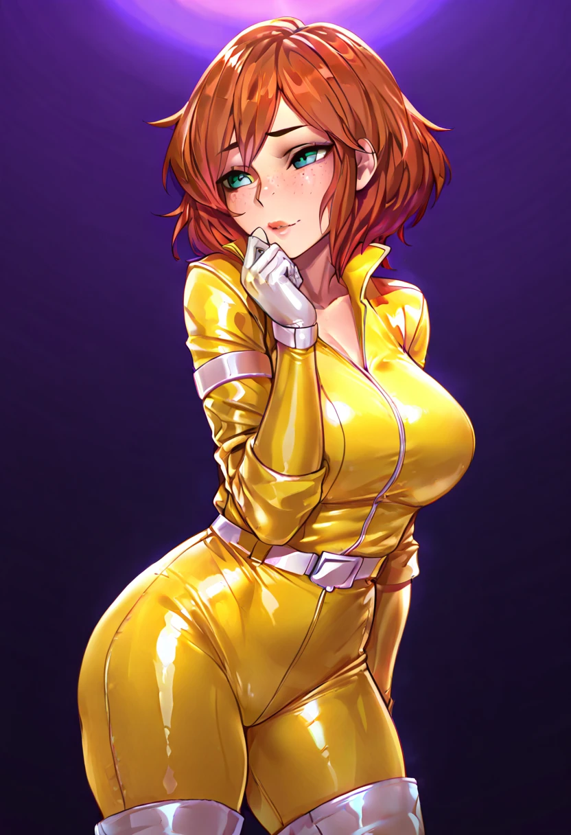 ((high detailed, best quality, 4k, masterpiece, hd:1.3)), (Mario_Kart_speedway), Princess Daisy posing, Daisy_SM, (BREAK neon blue eyes), (neon blue eyes), seductive, attractive, sexy smile, smiling, smooth anime cg art, 36C breasts, long legs, vivid colors, detailed digital art, slim body, perfect skin, dark red hair, long red hair, dark hair, red hair, BREAK crown, cleavage, 36C cleavage, looking at viewer, BREAK looking at viewer, extremely detailed face, (orange and white jumpsuit), (Jumpsuit:1.5), (orange and white racing suit), (racing suit:1.5), (high heels), full body, earrings, gem, dark black makeup lips, dark gothic eyeshadows, dark eyeshadows, black eyeshadows, black sexy lips, red lips, dark red lips, very dark red lips, detailed lips, detailed red lips, red painted lips, gothic painted lips, (thin_lips), (very thin lips), dark gothic eyeshadows, dark eyeshadows, black eyeshadows, (perfect hands, perfect anatomy), black makeup, detailed fingers, five fingers per hand, 5 fingers, (1 girl), detailed lips, BREAK night, (breast focus), (breasts out:1.3), (from below:1.3), (hands behind head:1.3),