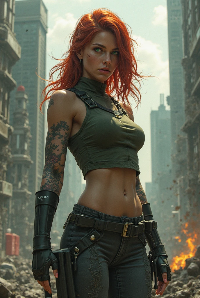 very detailed, 16K high resolution, incredibly detailed image, cinematic, best quality, masterpiece, realistic, detailed face, detailed background, dramatic lighting, A girl, 25 year, she is alone, beautiful, natural ginger hair, straggly and messy wavy hair. Extremely detailed facial expressions with sharp and piercing green eyes. A delicate, slightly cheeky face, subtly made up. ((She is tattooed and pierced, large tubes in her ears.)), She has (very small breasts) and a slim figure, in good shape. Dark lighting conditions, the world is destroyed after a war (end-time mood like in Mad Max). She is in an old destroyed city. Flames and clouds of smoke in the background.  Her outfit is similar to the outfit of Vii, from the series Arcane. She has a belt around her waist.