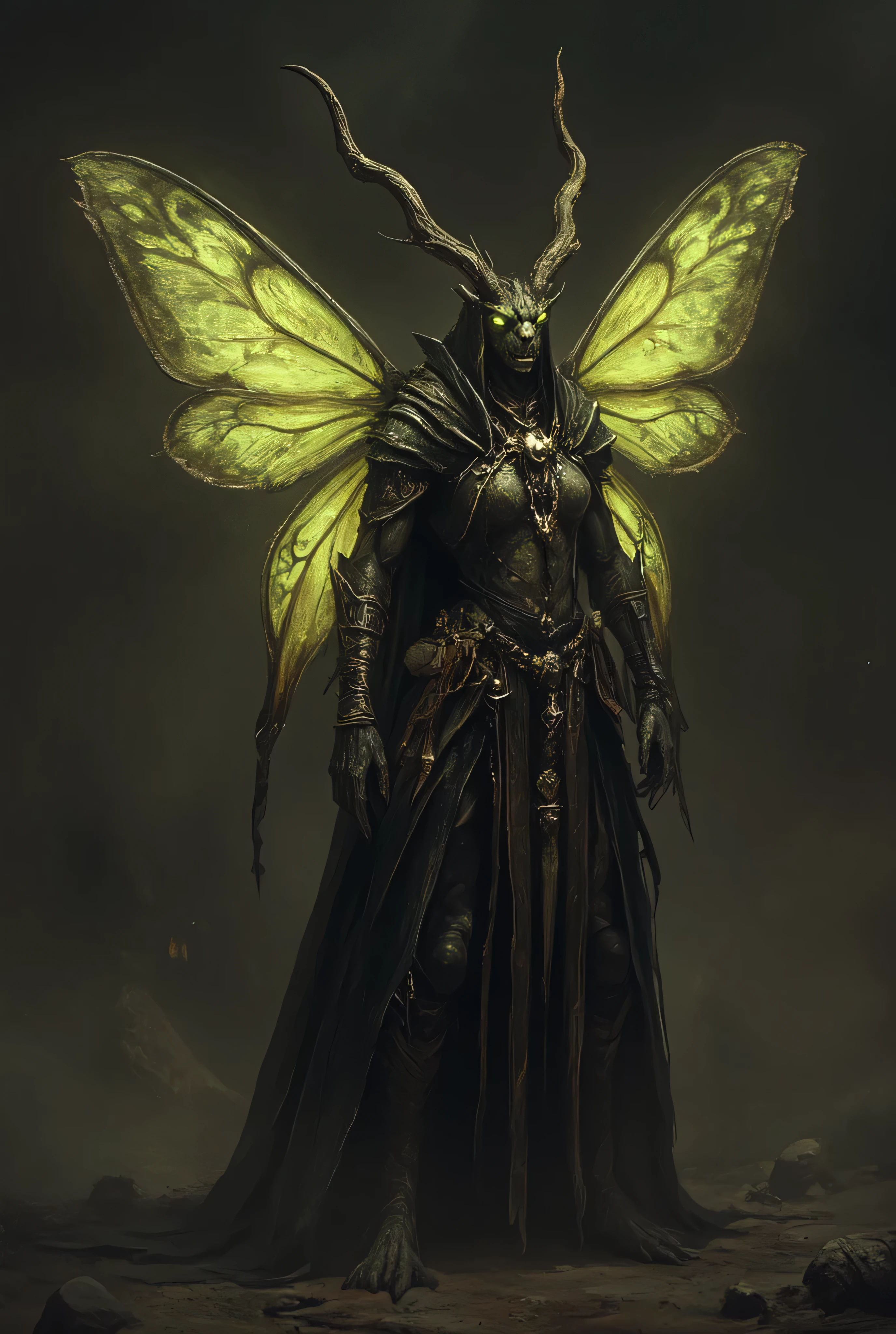 (anthropomorphic character, a moth creature, ethereal moth-like creature, large wings, fluttering, antennae, compound eyes, intricate pattern, standing, medieval fantasy), anthr0dnd, Gul'dan, dark fantasy character, detailed full-body character concept art, minimalist design, 8K, photorealistic, masterpiece, ultra-detailed, vivid colors, dramatic lighting, moody atmosphere, cinematic composition, simple dim background, intricate textures, seamless blend of realism and fantasy