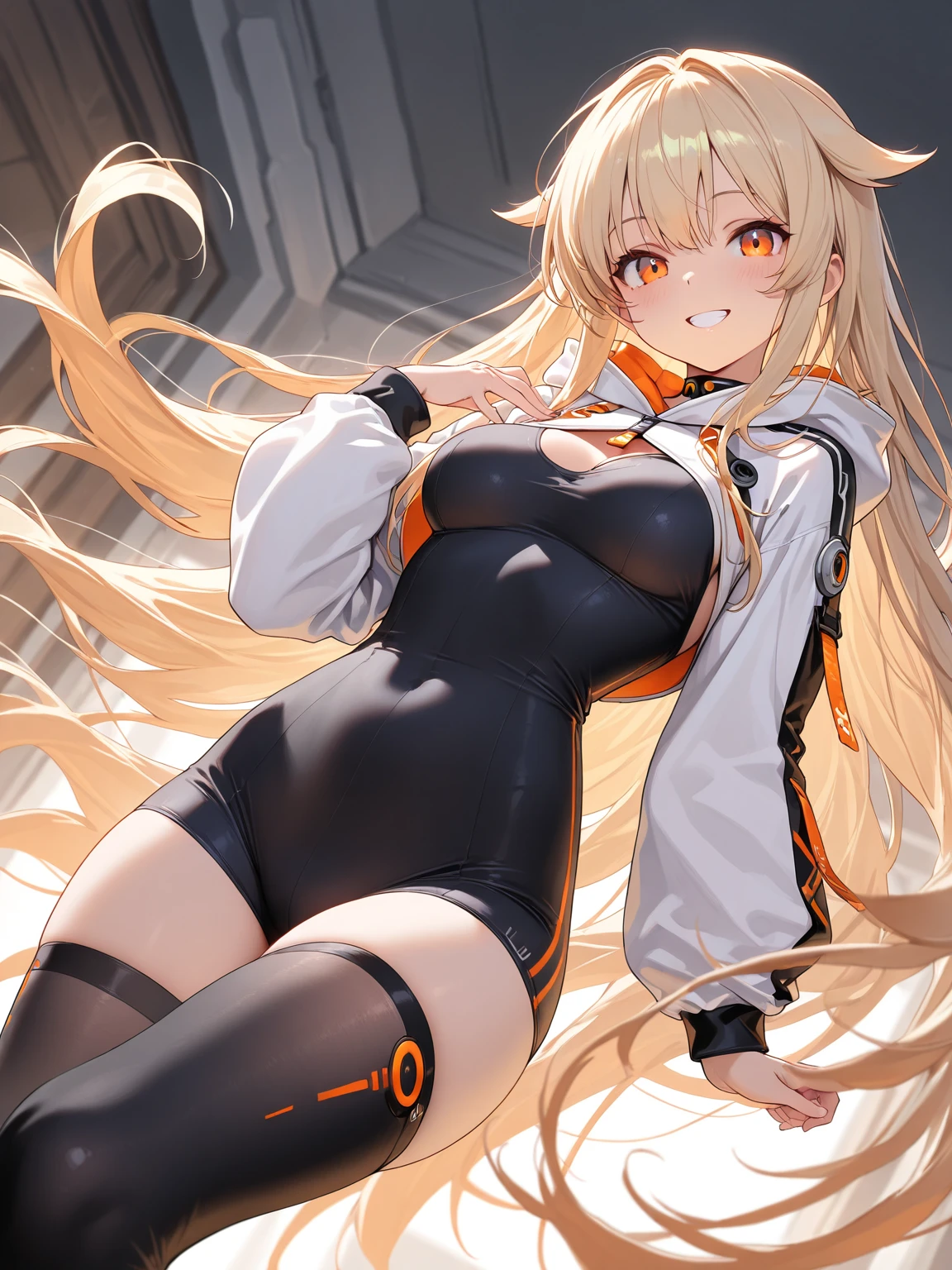 top-quality、Full limbs、complete fingers、Slender beauty、1 female、Women with straight hair、((Woman with orange hair))、Women with medium hair、Women with straight hair、(Beautiful busty woman:1.3)、((black rider jacket))、(((White competitive swimsuit:1.3)))、Brown pantyhose、black knee-length long boots、A big smile、Naughty Poses、((Dancing))