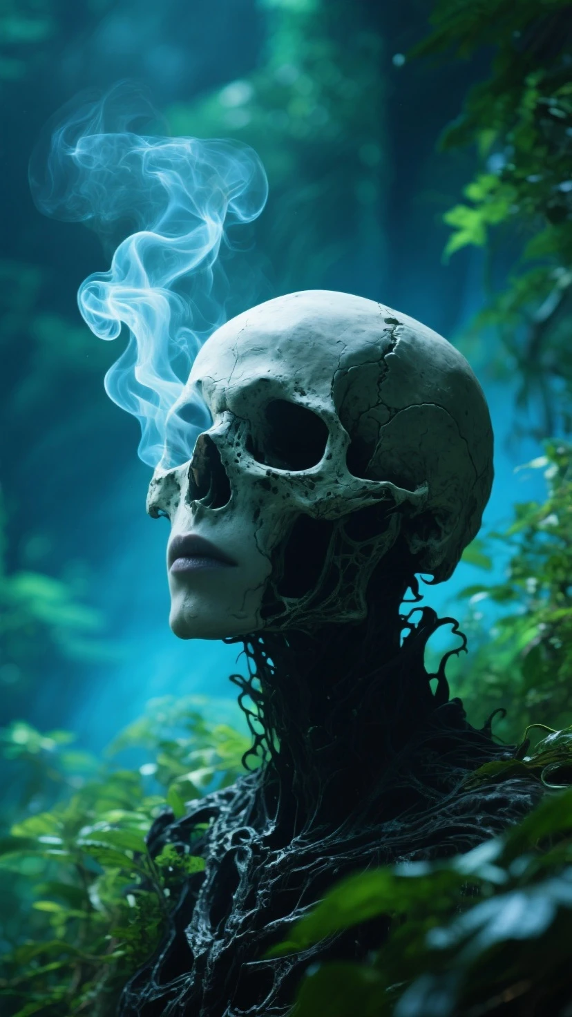 A wispy tendril of cigarette smoke undulates and twists, coalescing into the macabre visage of a human skull, its ethereal form hovering against a velvety black backdrop, reminiscent of Zdzisław Beksiński's haunting surreality and the dreamlike quality of Ash Thorp's futuristic visions, with intricate details and textures that evoke the works of H.R. Giger, in a style that blends eerie realism with an otherworldly, mystical aura, as if conjured from the darkest recesses of the subconscious.