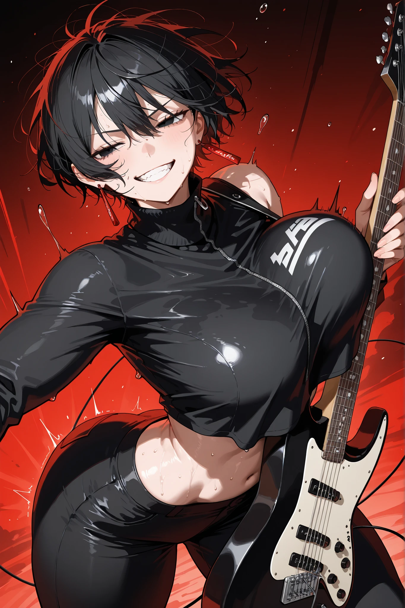 (masterpiece), best quality, extremely detailed), large breasts, bouncing breasts, arched back, thick thighs, muscular, big shoulders, big arms, 1girl, Hiyuki Kagari (Kagurabachi), black hair, messy hair, short hair, black eyes, grinning, gritted teeth, lidded eyes, long red earrings, black sleeveless turtleneck, crop top overhang, asymmetrical zipper, black trousers, playing electric guitar, aggressive, sweaty, dripping, energetic, motion smears, cinematic angle, from above