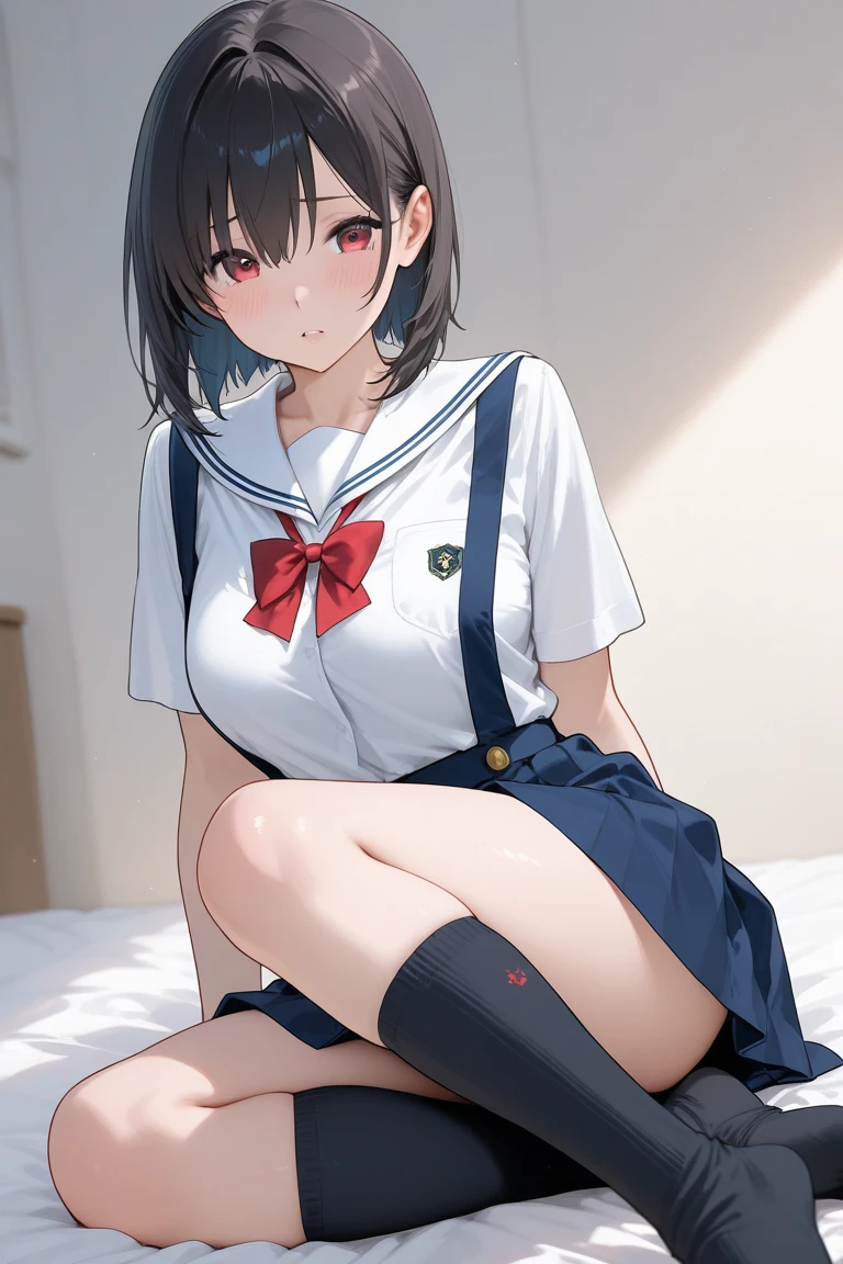 (8K、Highest quality、highest quality、masterpiece)、Detailed face、One girl、 Black Hair、short hair、twintails、blunt bangs、Grey Eyes、evil smile、((Grin))、Small breasts、Nurse cap、((nurse uniform))、((open legs))、((white panties))、Cowboy Shot、On the bed、Hospital room background