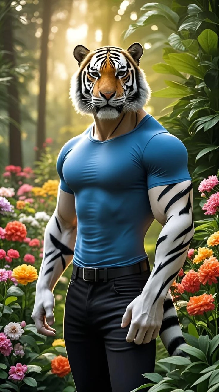 tiger boy,male,16 years old,cute face,handsome,blue eyes,detailed_face,detailed_eyes,white body,orange fur,young,abs,(slim:1.1),cute_face,blue underwear,topless,sun shine,blue sky,looking at viewer,smooth fur,solo,detailed_tail,(Lean:1.1),(erection:0.8),(cute:1.1),stand in the water,trees,muscular,