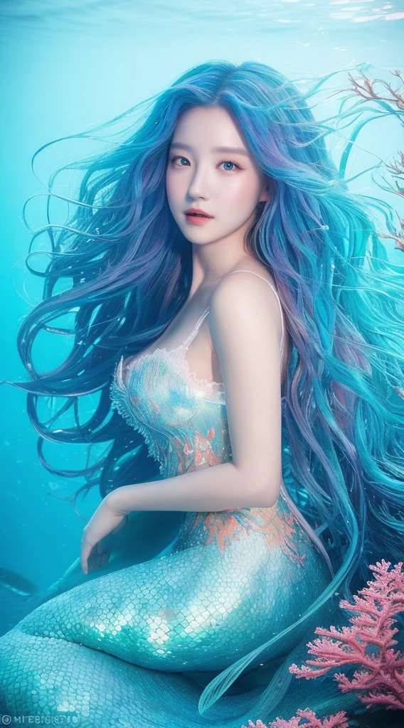 a mesmerizing mermaid with long blue hair, surrounded by the ocean, waves, coral reefs, creating a dreamy and aesthetic scene, detailed lighting effects, artistic feel, high quality artwork, ultra detailed, realistic, underwater fantasy, beautiful mermaid tail, ethereal atmosphere, vibrant colors, fantasy portrait, studio lighting.