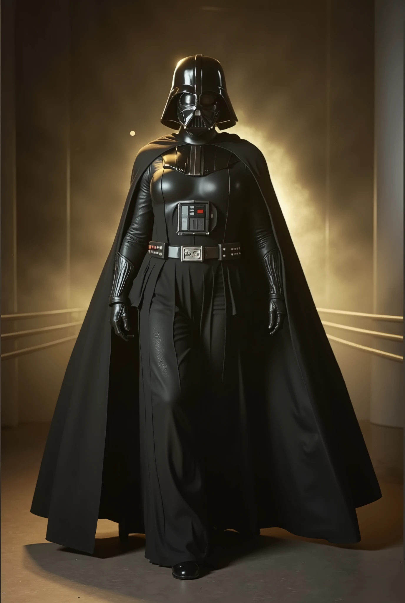 female darth vader, woman with darth vader's iconic full helmet and female full vader suit, cloak, long skirt, middle size breast, dramatic lighting, cinematic scene, best quality, 8K, high resolution, masterpiece, ultra-detailed, realistic, photorealistic, photo-realistic, HDR, UHD, studio lighting, ultra-fine painting, sharp focus, physically-based rendering, extreme detail description, professional, vivid colors, bokeh, dark, moody, striking, powerful, imposing, cinematic, dramatic, science fiction, dark fantasy