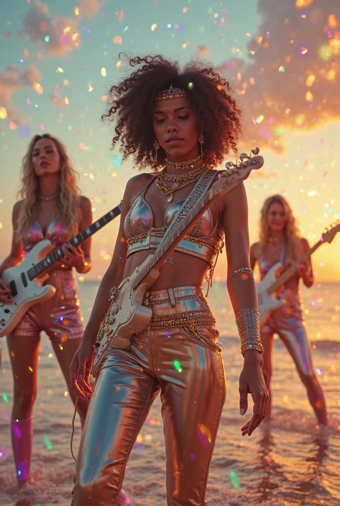 1970s photo of multiple beautiful multiracial women in sexy 1970s attire, they are wearing diamond jewelry, they are on the beach, from behind, cinematic action, cinematic lighting, backlighting, masterpiece, anatomically correct, textured skin, super detail, 8k atmospheric perspective, depth of field,
