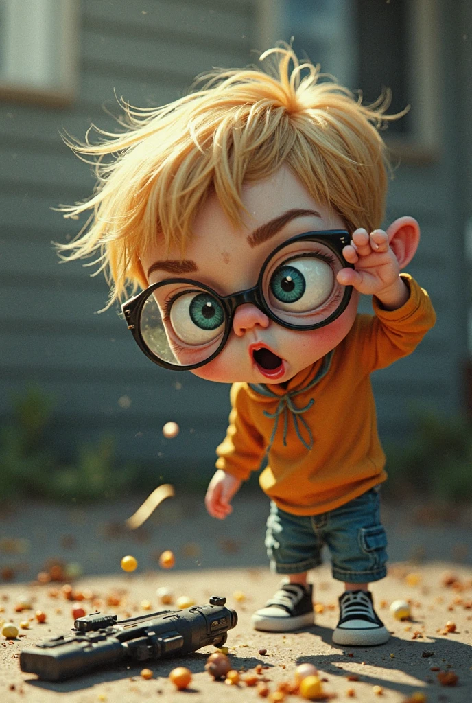 a 1.56 tall blonde with somewhat muscular glasses, being humiliated in front of a 1.72 tall boy with black hair
