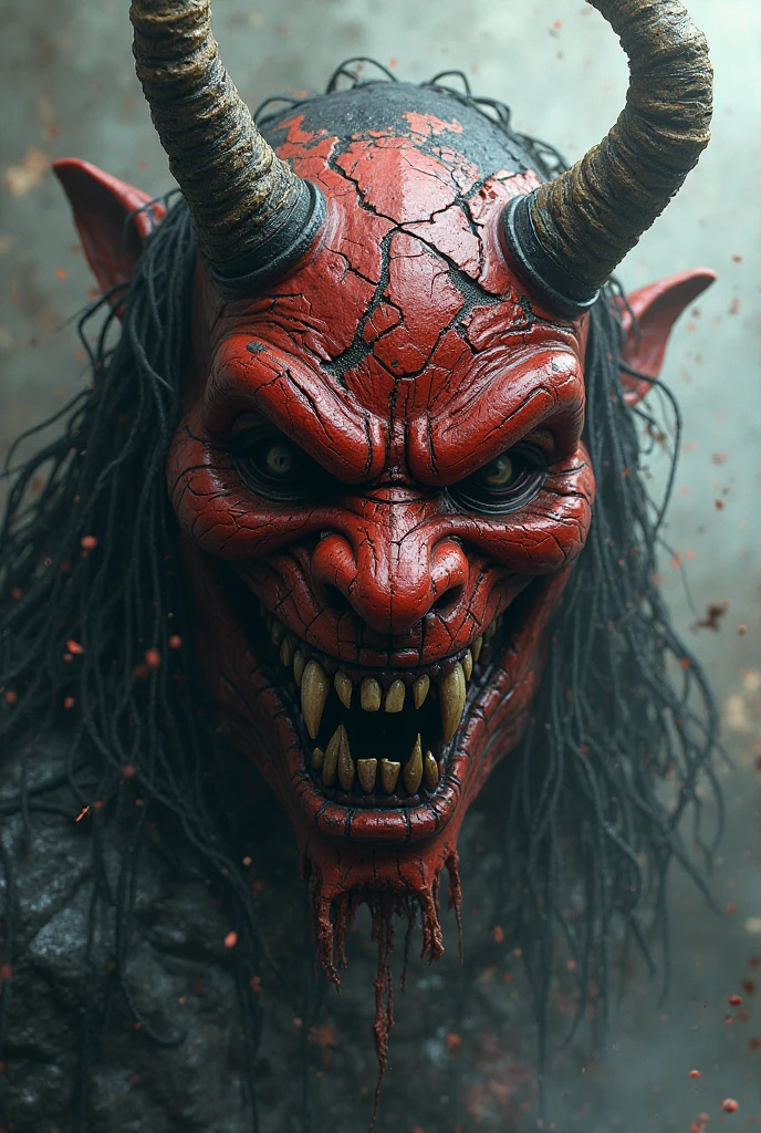 Like a human, horns, large fangs, frightening face, bloodstains on face, rough red noisy facial skin, extremely angry expression, large chain branch, white eyeballs, pointed ears, black fiery background, messy long hair, scary atmosphere.
