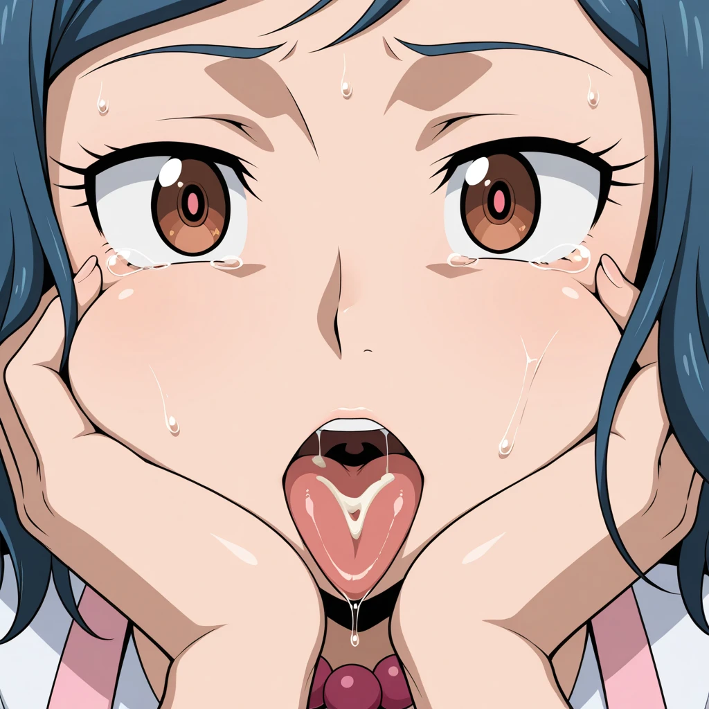 (masterpiece, best quality, ultra-detailed, high resolution, detailed eyes), {vulgar}, nsfw, takeda hiromitsu style, {{{1mature female}}}, curly hair up, purple hair, big eyes, (makeup:1.0), (tears:0.7), slave, pet collar, earrings, business clothes, (blushing:1.3), (open mouth:1.5), (tongue out:1.5) (drool:1.4), (breath:1.3), (orgasm:1.5), trembling, looking at viewer, mouth focus, from above
