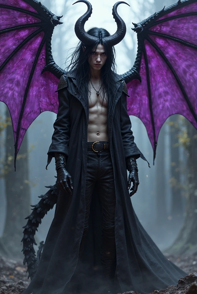 Dark wizard emo goth boy with one bat wing and one skeleton wing, he has a dark wolf made of darkness that is always with him
