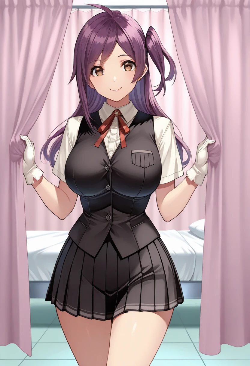 masterpiece, best quality, highres, 1girl, hi1, purple hair, purple eyes, huge breasts, hair bow, skirt, pants, white shirt,(((lift skirt,lace panties))),blush,smile,living room,milf