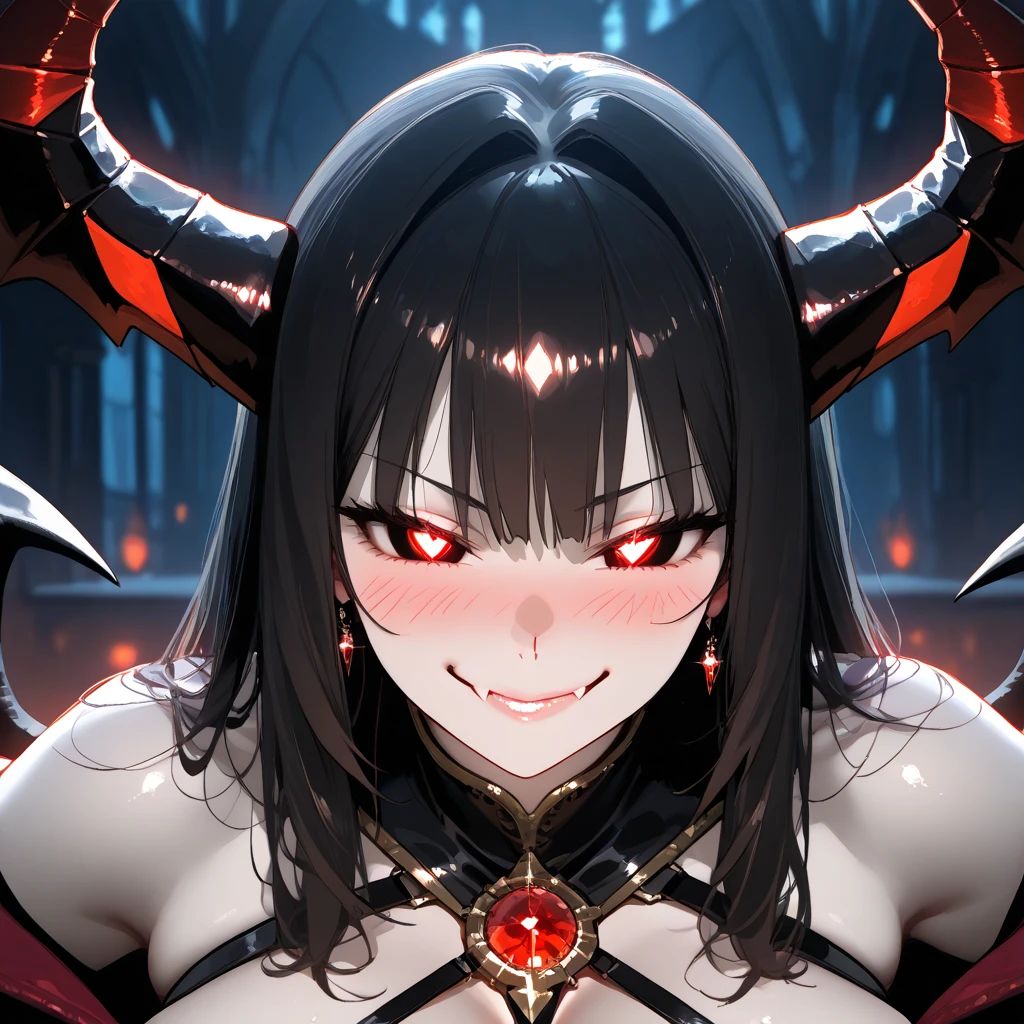 Girl, short black hair, black eyes, crown of thorns, mouth with sharp fangs, angry look, red skin, demon woman, big nails, in a burning place