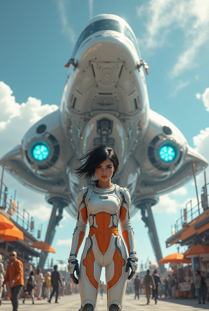 arafed image of a woman in a space suit standing in front of a spaceship, 6 0's french movie poster, cyborg merchant girl, insanely detailed matte painting, orange backgorund, video art, full width, panoramic anamorphic, french bob, androids, hot pants, anno 2070, the jewelpunk aesthetic --auto --s2