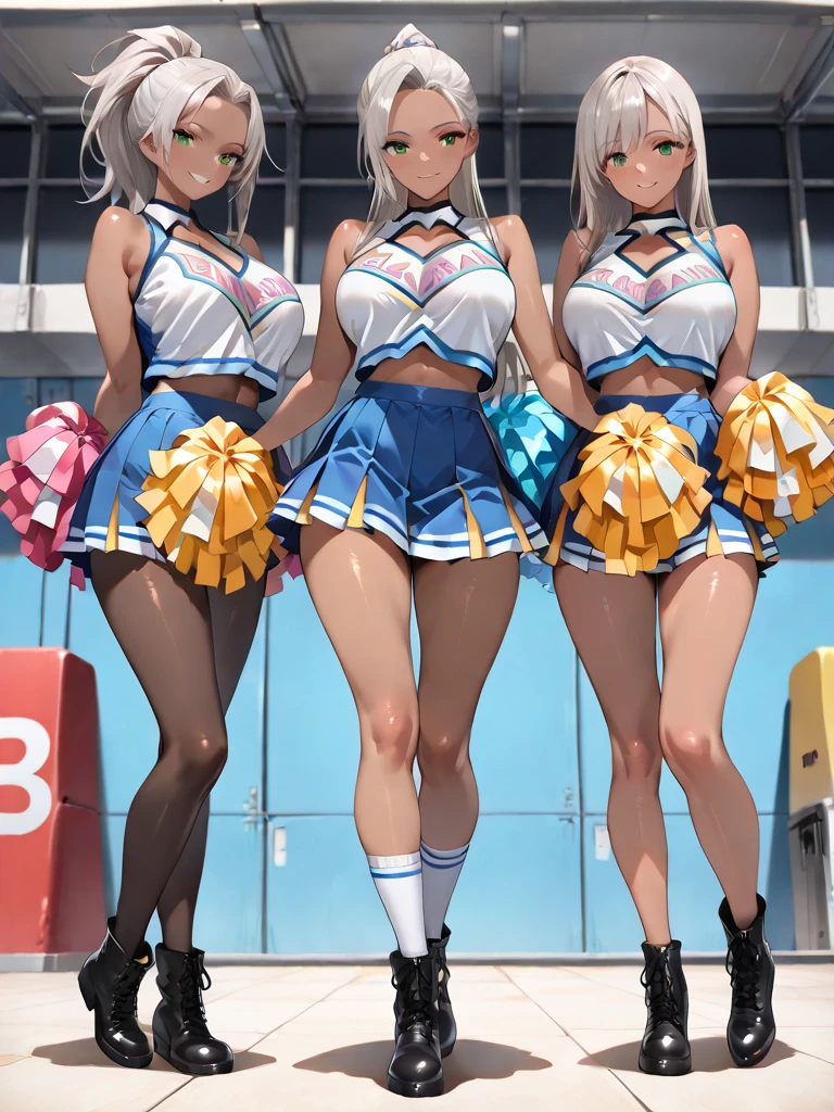 Texture CG, ((Ultra Detail Art)), ((master piece)), (extremely details CG),Multiple girls,3girls,group picture,nsfw,cheerleaders,cheerleading poses,dynamic poses,(gals,gyaru),((((bright blue cheerleader unifrom))),skirt ,(((pleated micro skirt))),underboobs ,medium breasts, beautiful legs,legs up,standing on one leg,spread legs,miniature microbikini,pussy peek,clitoris slip,anus peek,wind lift,(from below:1.3), long hair, blonde hair, brown hair, pink hair, silver hair,ponytail hair,Curve, Beautiful detailed eyes , gleaming skin, bracelet, ,hair ornament, hairclip, jewelry, open mouth ,light smile, embarrassed:1.4,outsides ,clear sky, in summer ,windy ,garden,