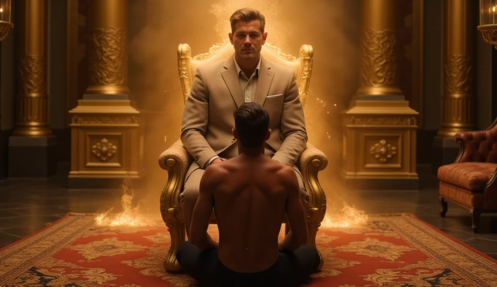 A handsome handsome man shirtless wearing gold pants sitting on a king's chair, thin white skin, in the desert palm tree behind a lake and a peacock with two leopards at his side, carpet under his feet and two Roman soldier men at his side and a girl dancing for him