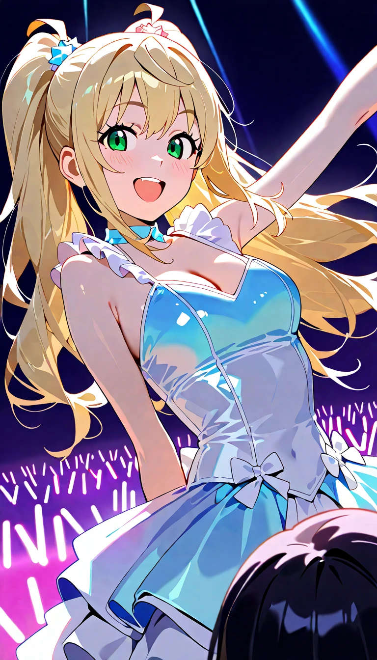 Ray Tracing,high quality,High resolution,bloom effect,Dynamic Angle,Light Shaft, particle lighting, Dynamic Light,One girl, alone, Wind,smile, 17 years old,Middle chest, Long blonde twin tails that reach above her ears, Ahoge, (Cyan striped hair:1.15), ,Blue Sailor Swimsuit, blue eyes, Hair Ribbon,Glowing Skin,Happy,
