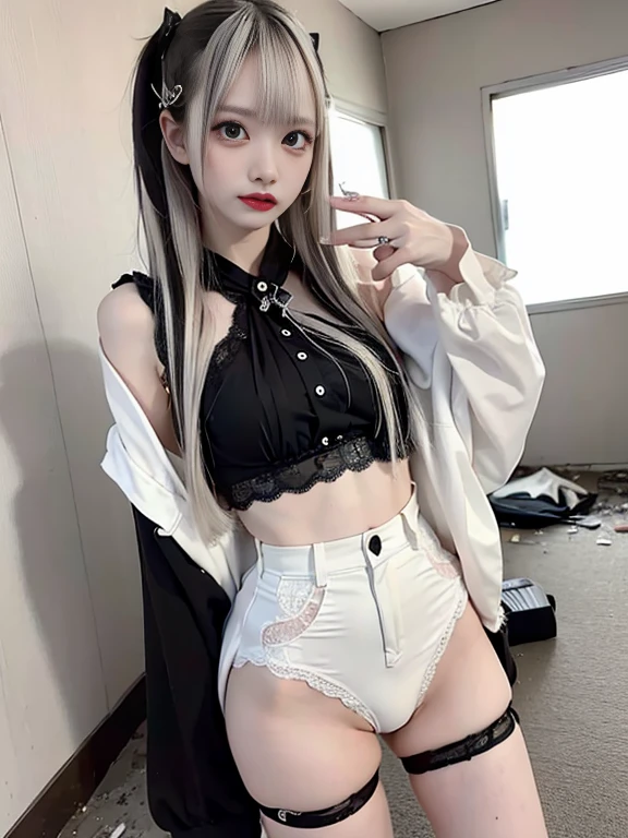 Top image quality、Raw photography、A high resolution、20-year-old cool Korean、big round chest、short thin silk coat、lace underwear、Beautiful Eyes of Details、very elongated eyes、Beautiful eyelashes、Beautiful double eyelids、eyeshadows、 wearing super tight mini boxers,long legs,medium thighs, beautiful eyes finely detailed、elongated eyes、long eyeslashes、Beautiful double eyelids、eyeshadows、earrings、shiny white skin、 red, black,