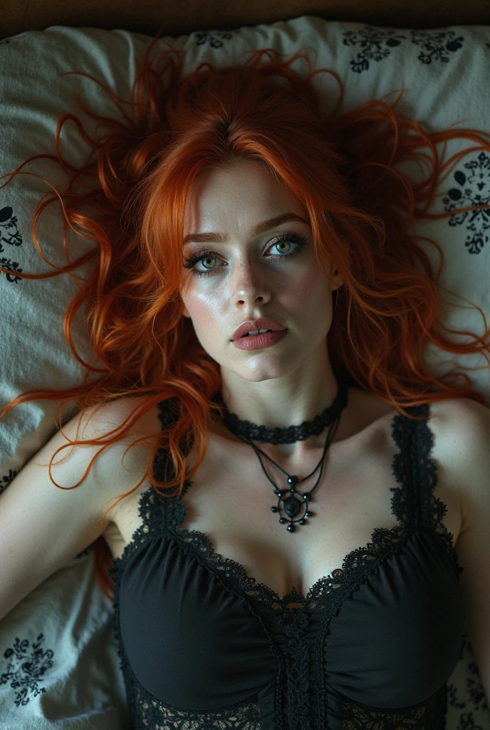 Long shot full body,(wide angle),(masterpiece,Distinguished Quality,Mirror-like,Cinematic Experience, insanely detailed,absurdres),8k,(An ultra hot),(1 female age 18),(evil witch, realistic, extra thick and long bood red:0.9, orange:1.0 hair),(Large, high contrast green:0.9, bright yellow:0.1 extra big eyes, extra long, thick, dark eyelashes),(blood red, plump lips),(beautiful eyes), best quality, (Sana Minatozaki), wide hips, Big breasts , big ass, (thin waist: 1.2), (long legs :1.1), (thick and toned thighs)( medieval, approximately 500 AD),( Large, medieval castle), (haunting atmosphere),(attractive expression, alluring:1.3),(detailed hands, realistc long monsters claws),(Grey lace undervare laying on her left side, medieval bed, looking down,(Look at me),(Medievale, gothic, black, red royale grand bedroom:2.0),(seducing, provocative pose:2.0)