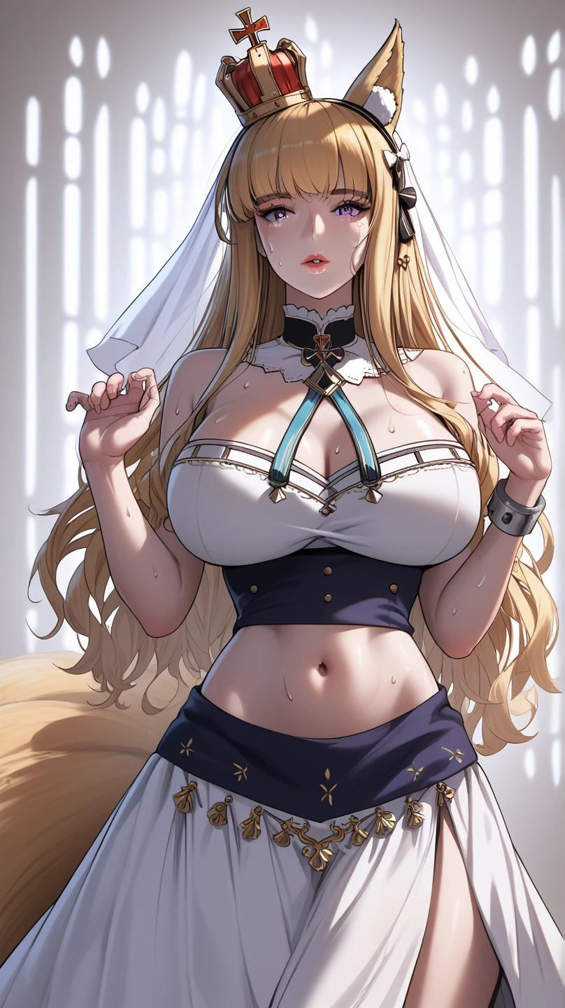masterpiece，8K，A woman with big tits，Gorgeous woman，transparent，Long blond hair，big hair，((hime cut))，Gorgeous jewelry，Crystal Hair Accessories，Cleavage，pubic，In front of the altar of the majestic church、Brighter light，半transparent，(Elegant gloss）、((Puffy sleeves))、Long cuffs，Show your belly button，Intricate white embroidery、Five fingers、red cheeks，ahegao，estrus，endure，