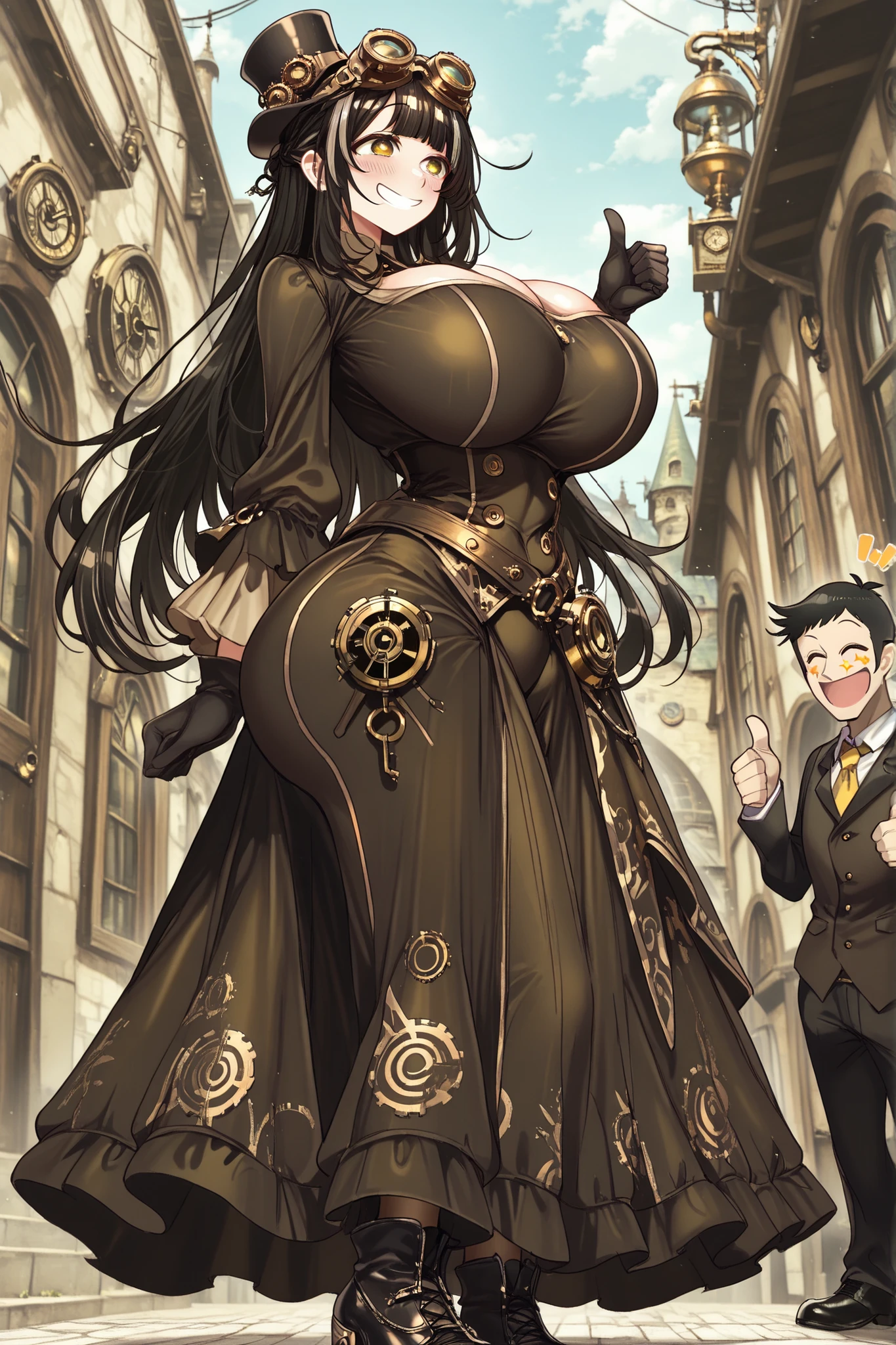 light brown half up style hair,long back hair,Steampunk dress,top hat,golden eyes,red flush on face,black shoes,black & yellow dress,huge breasts,big ass,alchemist,short bangs,smiling face,Put goggles on head,Best quality, black gloves,high resolution, masterpiece, 1 girl, looking ahead, smiling eyes, thumbs up,Looking straight ahead