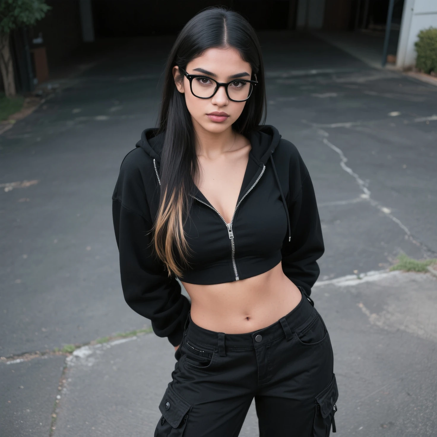 (masterpiece, best quality), 1girls, black hair, glasses, cyberpunk, solo, waist-high, sexy appearance