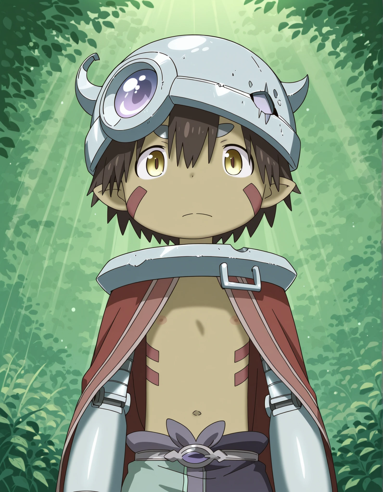miabyss,, made in abyss,, solo, regu \(made in abyss\), dark-skinned male, brown hair, facial marks, pointy ears, mechanical arms, aubade helmet, metal collar, cape, (white aubade), gardenofeternalfortunes