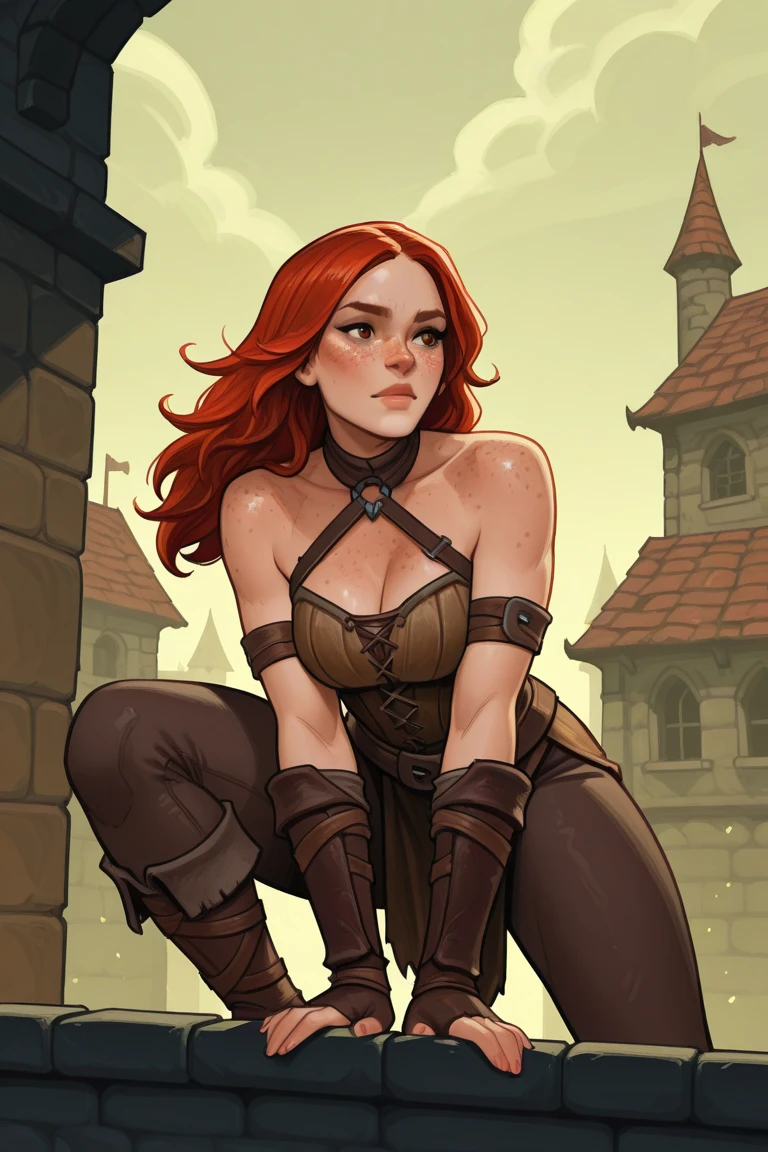 Thin woman, age 25, 4K (High definition), thoughtful, seducing gaze, eyes browns, wearing medieval dress (red and white edges) with a boat neckline and long sleeves, arms at the side of the body, choker on the neck, brown belt, Caucasian skin, long curly red hair, standing (upper body), full of curves with freckles across her chest and neck, big natural round breasts. Marvel style high quality, white background.