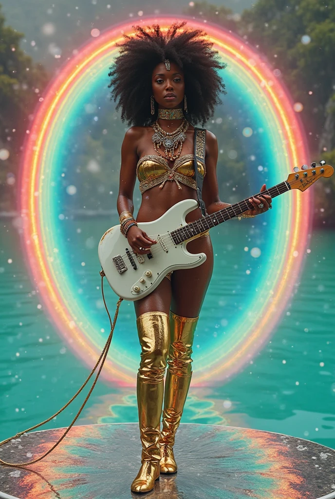 uma mulher negra rastafari com dreadlocks tocando guitarra e sorrindo, baby fairy zebra, symetrical wings, nebula, cores cintilantes, roxo e azul, altamente detalhado, beautiful lighting, Ethereal, mistic, 8k, cores vibrantes, Beautiful retro lighting