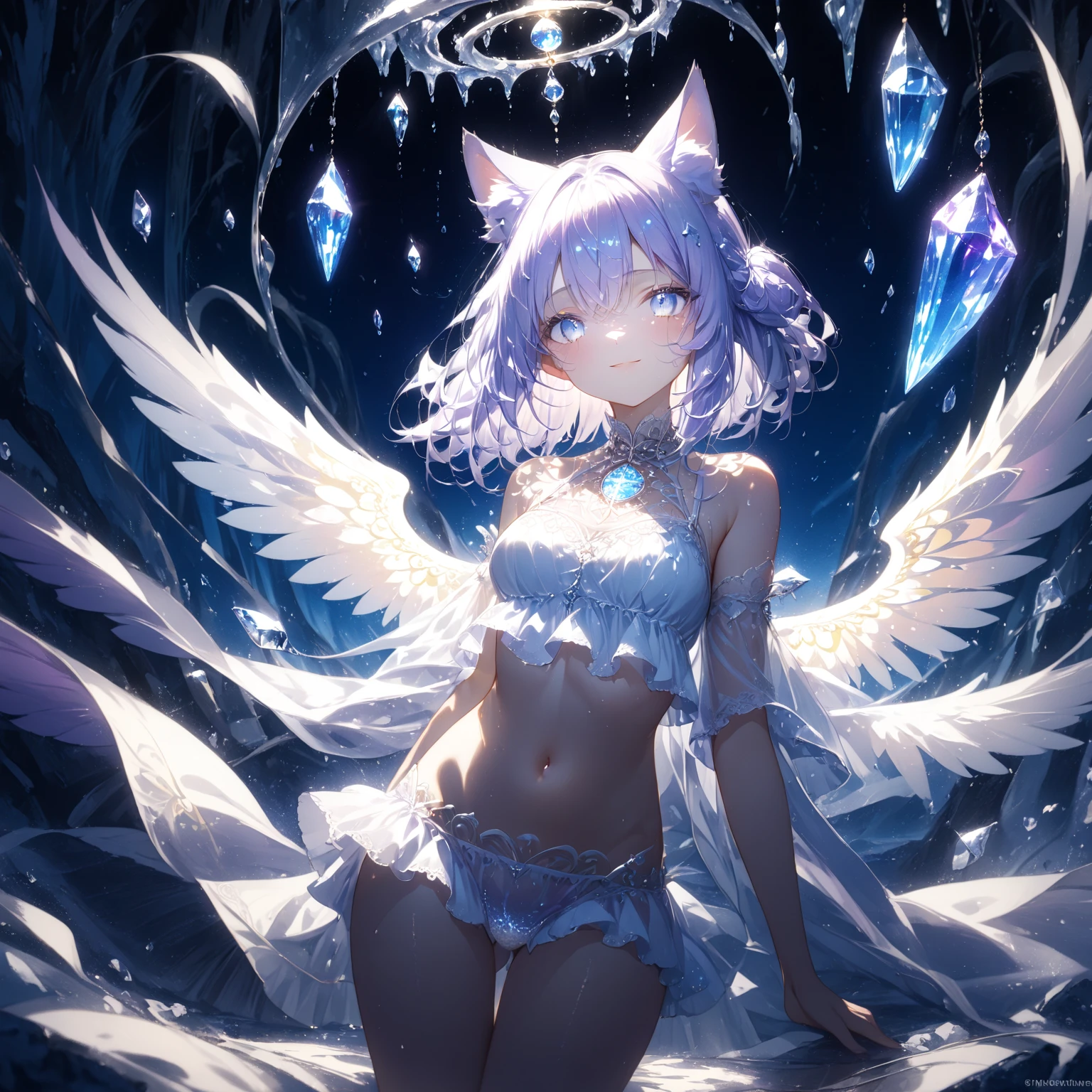 4K Ultra Clear，tmasterpiece，Beautiful 2D style，Night's，Clear face，A ring that wraps around the back，Kneel on the stone，Petite body，Silver hair，Small chest，Showing the belly，the angel's wings，Wear a dress with a complex texture underneath，It has cat ears on its head，intricate headpiece，smiling expression，Bright background，A lone，Teenage girls in Asia