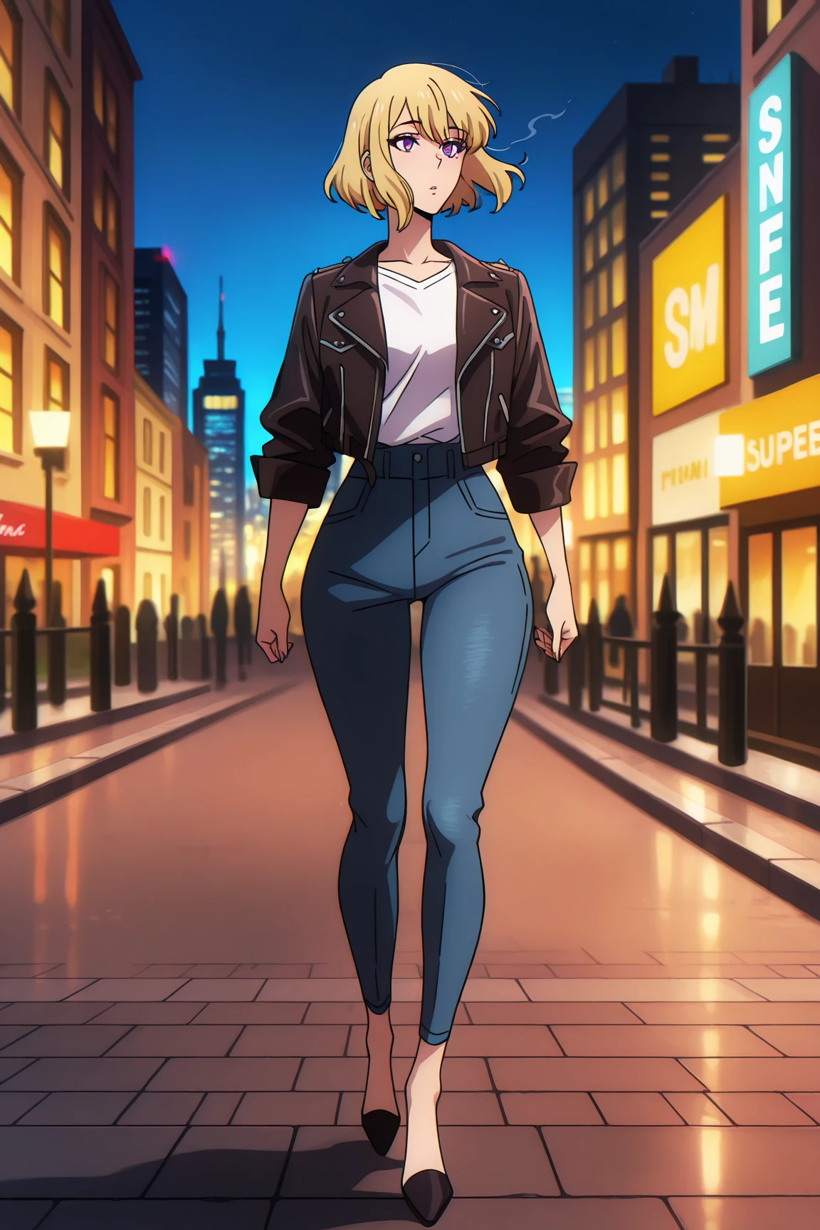 (An athletically built woman with defined muscles. Her skin is covered with artistic tattoos, that extend over her arms and neck. She has short, black hair, that appear wild and untamed. Several piercings adorn her ears, Nose and eyebrows. Her eyes are dark and intense. She wears dark, practical clothing such as leather jackets, Boots and ripped jeans. backdrop: World of Darkness, dark urban fantasy, natta, City, City, neon lights, nattaleben, Vampire. highest quality, muito detalhado), This character embodies a finely crafted western ranger in fantasy realism style in anime style, exquisite and mature manga art style, porcelain skin, perfect skin, perfect eyes, (Mary Elizabeth Winstead:1.2), High Resolution, best quality, highres, Ultra-detail, Finest painting, extremely sensitive, Specialist, anatomically correct, symmetrical face, extremely detailed eyes and face, High quality eyes, creativity, RAW-Foto, uhd, 32k, natural light, cinematic lighting, ​masterpiece-anatomy-perfect, ​masterpiece:1.5
