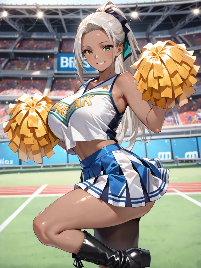 Score_9, rebis style-pxl, BREAK, 1girl, white hair, curly hair, parted bangs, dark skinned girl, very dark skin girl, long hair, low twintails, bare forehead, blue eyes, puffy lips, breasts, thighs, young girl, red cheerleader outfit, midriff, microskirt, cleavage, sports field, blue sky, smile, open mouth, shiny skin, (cowboy shot), body upclose, standing