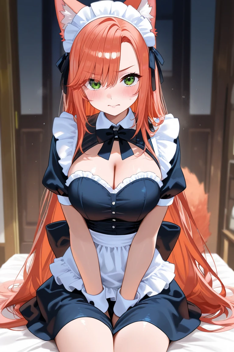 /draw apron orange_hair green_eyes breasts breasts_out couch dress female frills gloves highres koruse large_breasts long_hair looking_at_viewer lying maid maid_apron maid_headdress no_panties original solo gloves black pantyhose lifts her skirt and shows her ass in pantyhose HD UHD HQ