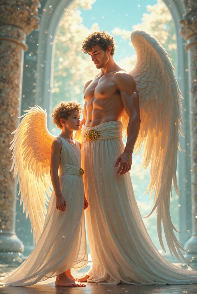 Create a shirtless man in boxers with a winged child carrying a baby just like the dad