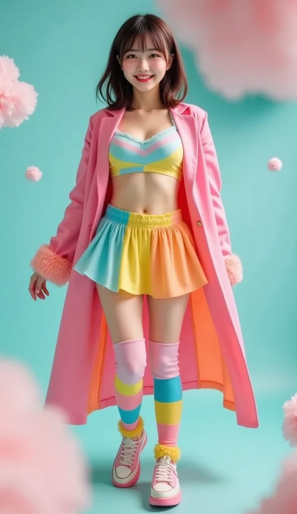 A 28-year-old anime-style woman, height 169cm, beautiful appearance, pink hair and reached her back., wears a pink bikini with pale pink polka dots, light brown pants and wears a white jacket as a cape, as well as a pink and yellow hat, She is slim and curvy and has a big chest. 