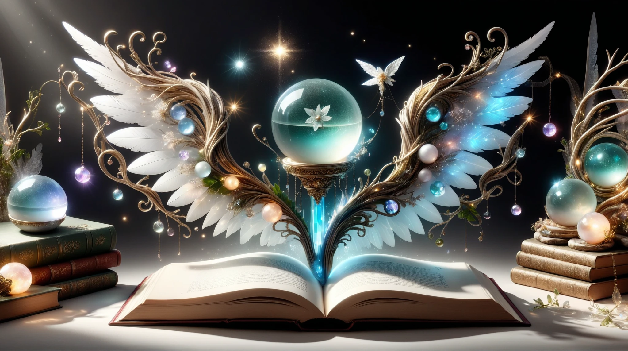 Visuals that look like opening flowers, angel wings, crystal orbs, and magic books。Composition where natural stones float on the page、Light and shadow production reminiscent of the beginning of an adventure fantasy。Atmosphere where spirits and angels seem to appear