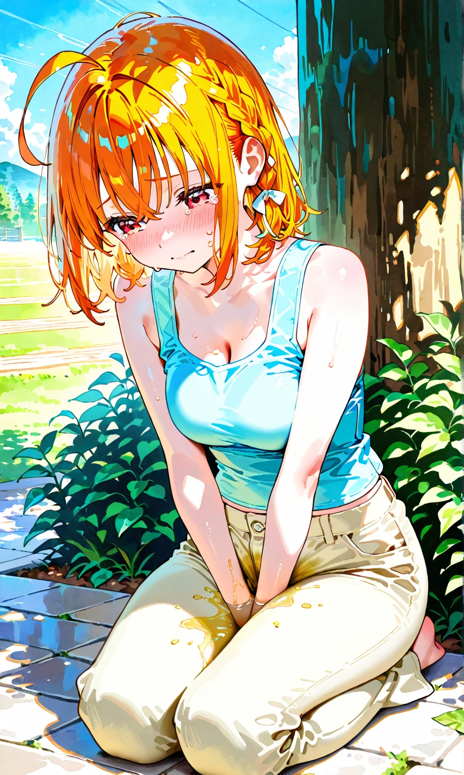 (Masterpiece), Best Quality, ultra-detailed, 1girl (Gwendolyn_Tennyson, breasts, orange hair, short hair, green eyes, half-closed eyes), a shallow face,  smirk, open mouth, Saliva, nose blush, blush , sweat , looking at viewer, solo, white tank_top, under-boobs , navel, purple skirt, ultra mini skirt, white thighhighs, white panty(wet), forest, kabedon pov, kabedon against tree, standing, spread legs,incoming hug kiss, sex,hetero, standing sex, sex from front, pussy, penis, cumdrip from her pussy, top view 