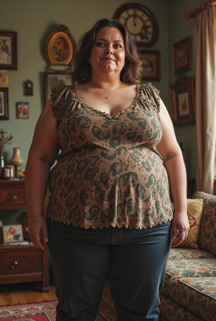 RAW photography, shadows, cinematic lighting, realistic reflections, and highly detailed, chubby woman, 65 years old next to a window, wide hips, beautiful, ((crying)), angry, giant breasts, very short dress, standing