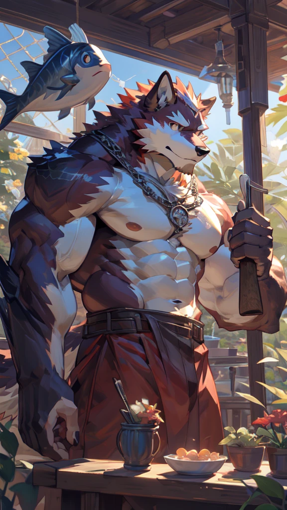 Masterpieces, furry, male, Anthropomorphic, red furred wolf, veiny, athletic body, Delicate eyes, white goatee, furred body, street thug, fighter, anime, depth of field, perfect lighting, (best quality),(masterpiece),(ultra detailed), sharp focus, light particles, detailed background, black boxer, crotch, shirtless, fierce look, soldier look, full body, six pack abs, black nipples, scars, black gloves, large chain necklace