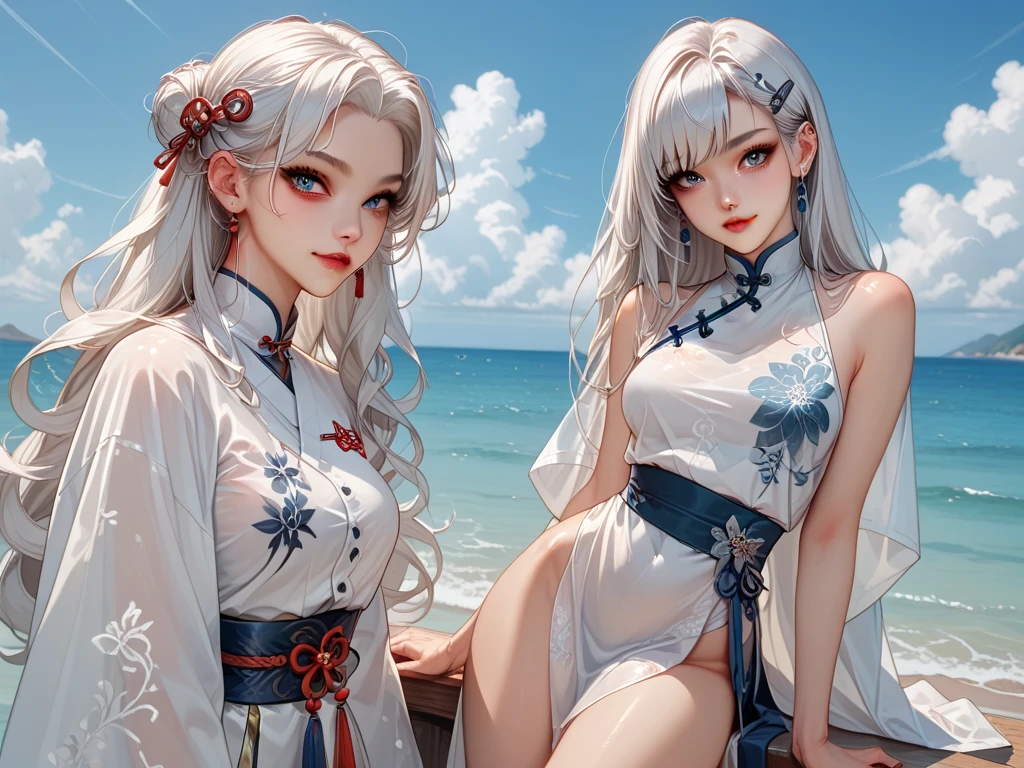 3 females,Stand in a row,Beauty contests,sexyposture,Married Woman,A MILF,熟妇,mature,extremely large bosom,plumw(Background with:Mare,Cherry blossom forest,lotus flower)Lie underwater, She has short blonde hair,cabelos preto e longos,bobo head,seen from the front,mostly cloudy sky,(((tmasterpiece),(Very detailed CG unity 8K wallpaper),best qualtiy,cinmatic lighting,detailed back ground,beatiful detailed eyes,Bright pupils,Blue eyes,Snow-whiteskin,Redlip(Very fine and beautiful),(Beautiful and detailed eye description),ultra - detailed,tmasterpiece,))facing at camera,A high resolution,ultra - detailed),revealing breasts,Bare genitalia, Bulge,legs are open,Raised sexy,Camel toes,Desire for dissatisfaction,frontage,(Wearing : White transparent cheongsam)