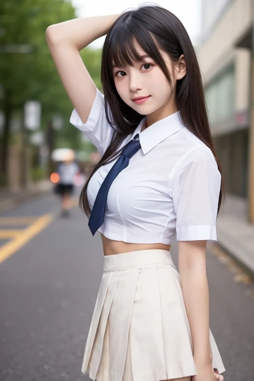 ponytail, 1girl, extremely cute face, Amazing face and eyes, (highly detailed eyes, highly detailed face), (hyper-realistic, hight resolution), (best Quality:1.4), Raw photo, (Realistic, Photorealsitic:1.37), Professional Photography, (nsfw:1.0)、Best quality, masterpiece, ultra high res, (photorealistic:1.4), raw photo, (pleated mini skirt:1.3), dark blue skirt, Japanese face, a girl, 21 yo, sea side, school uniform, beautiful, ((white shirt)), short sleeve, cute, smile, flying necktie, gigantic columns of clouds, strong wind from below, soaring skirt, visible vagina with pubic hair, jumping down , standing, crotch shot, (nsfw)、 (labia)、A strong wind blowing up from below blows up the skirt、(((Cute pussy)))