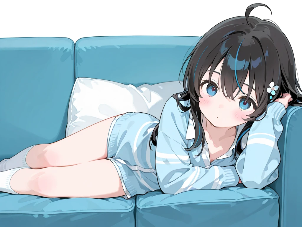 Blue Jersey、Sitting with legs crossed、Panty shot、