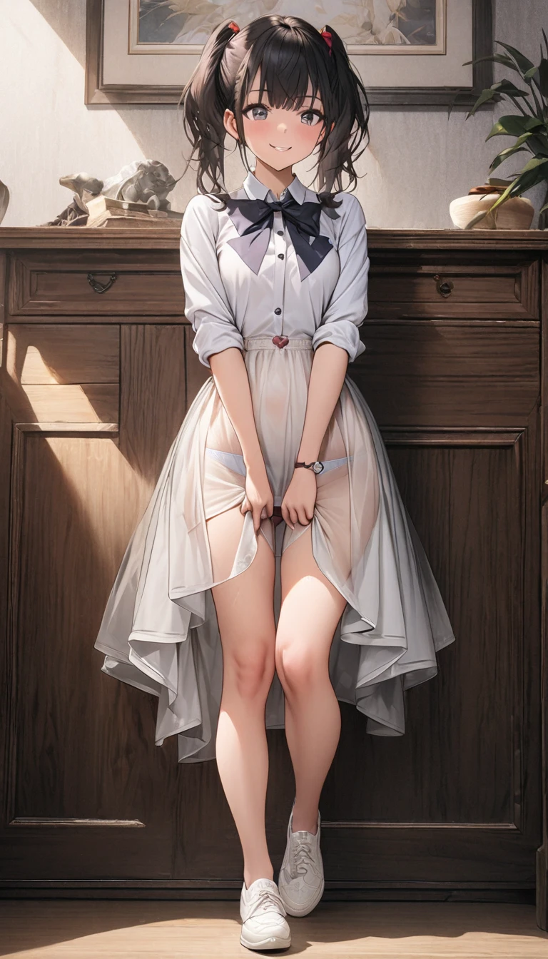 Ayase Kishimoto、Mature and slender figure1People with Japan18Year old girl、slightly disheveled hair、Full-body view from head to toe、Blushing look、Puzzled look、Excited look、Sweating、Upward Expression、Composition from slightly below、Standing on your own feet facing the front、Stretching with both hands up、small tits、Underwear、White bra、White panties、Black pantyhose、(Black_pantyhose):1.2)、Show white panties through stockings、No shoes、Bedrooms、inside in room、during daytime、Blushing、looking at the viewers、Panchira、Composition from the front、watching at viewers、Slender feet、Slender thighs、Slim toes、White panties are visible