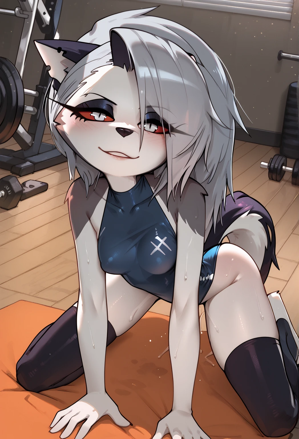 a slim white female wolf furry with blue eyes, wearing black sports bra and black shorts and a necklace, blushing and nervous, lying down on an operation table, beside operation tools, hands and feet tied, straight feet, high angle, basement background