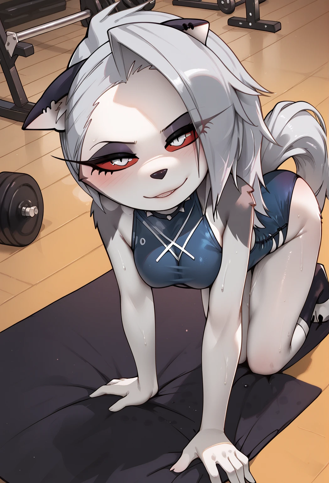 a slim white female wolf furry with blue eyes, wearing black sports bra and black shorts and a necklace, blushing and nervous and worried, lying down on an operation table, beside operation tools, hands and feet tied, legs straightened, high angle, basement background