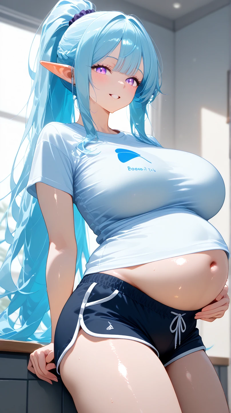 Alear, Cute, Smiling, huge breasts, two arms, outside, night time, starry sky, cold, snowy, heterochromia, red eye, blue eye, cross eyed, running, blushing, flushed, embarrassed, gym shorts, white tank top, clothes too body, thick thighs, big ass, belly button, panties, underboob, shiny skin, ponytail, loose clothing, see through shirt, no bra, leaning forward, stripping, 