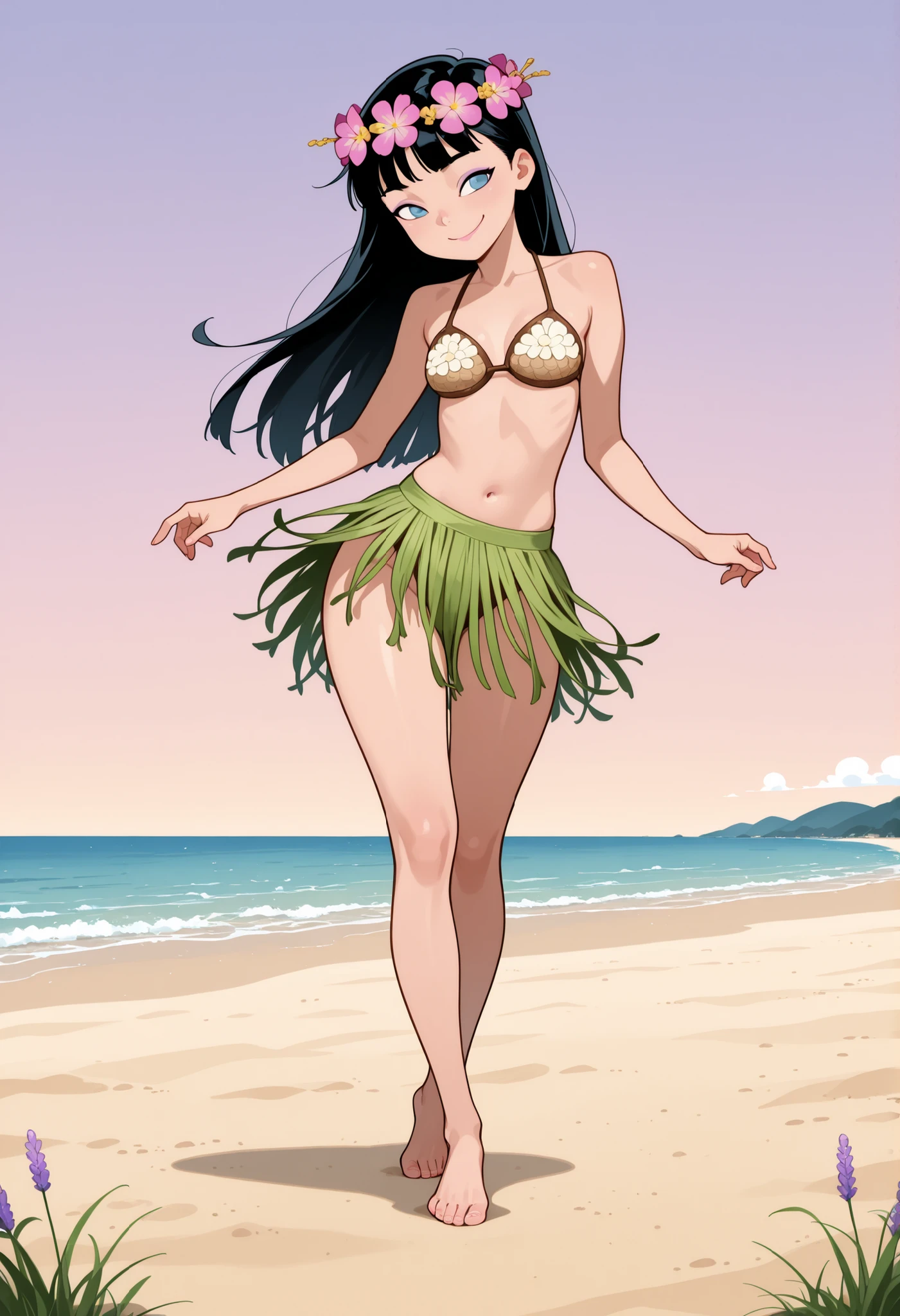 ((solo,1woman, mature, alone))), JooDee, ((black hair, long hair, glowing blue eyes, wide eyes, body fur, makeup, narrow waist, skinny, medium breasts)), pelvic curtain, ((green bikini)), full body, perfect body, (insanely detailed, beautiful detailed face, masterpiece, best quality), (extremely detailed 8k paper CG wall unit: 1.1), (beach settings, dusk), (smile face for the viewer), cameltoe view,