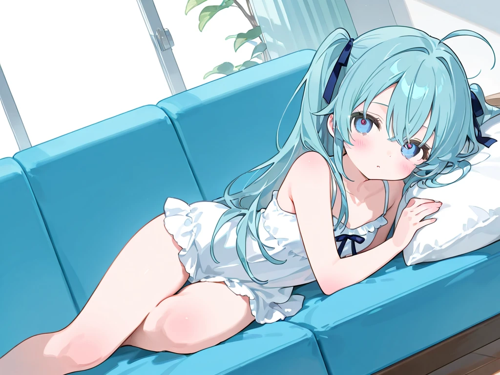 1girl, high heels shoe dangle, cross legged, hatsune miku, looking at viewer, sitting, from side, wearing bikini