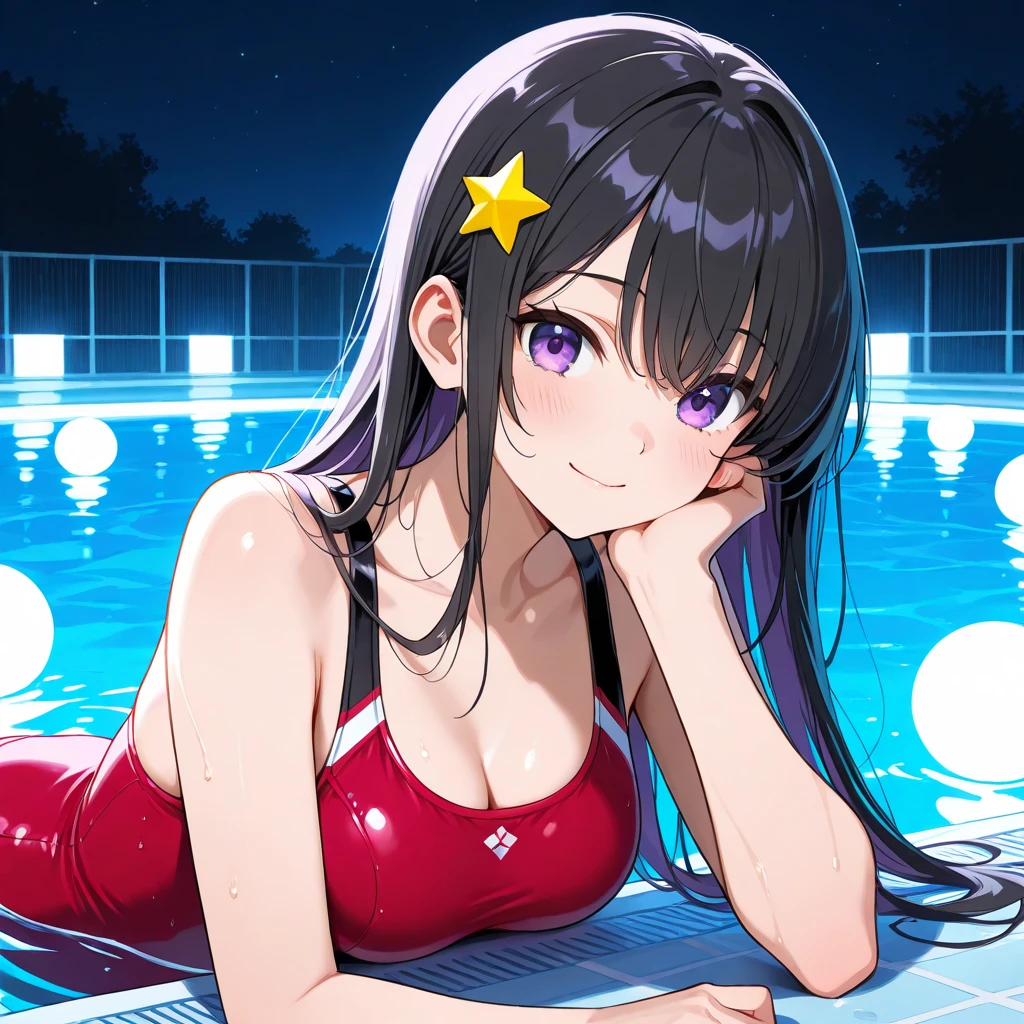 Masterpiece, Best Quality, extremely ray tracing detailed, cheered up, girl,night pool,high waist bikini,SMILE,:d,action,(small breasts),ass focus